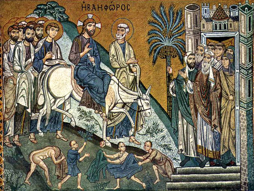 ქრისტეს შესვლა იერუსალიმში - XII საუკუნე, მოზაიკა, პალატინის კაპელა, იტალია. ბზობის დღესასწაული.