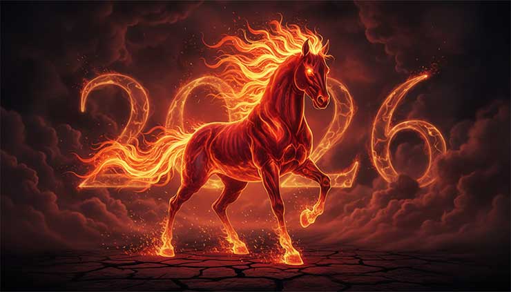 წითელი ცეცხლოვანი ცხენი ჩინურ კალენდარში 2026 წლის სიმბოლო, ძლიერი ენერგიითა და დინამიკით, ზოდიაქოს ჰოროსკოპისთვის