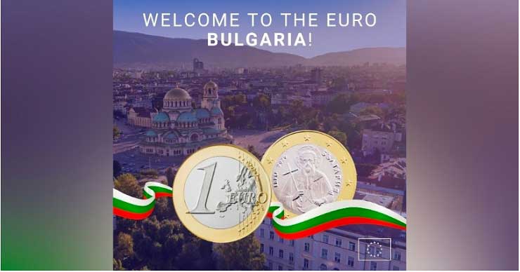 ევროს მონეტები ბულგარეთის დროშის ფონზე- ბულგარეთი ევროზონის 21-ე წევრი გახდა და ლევი ევროთი შეიცვალა